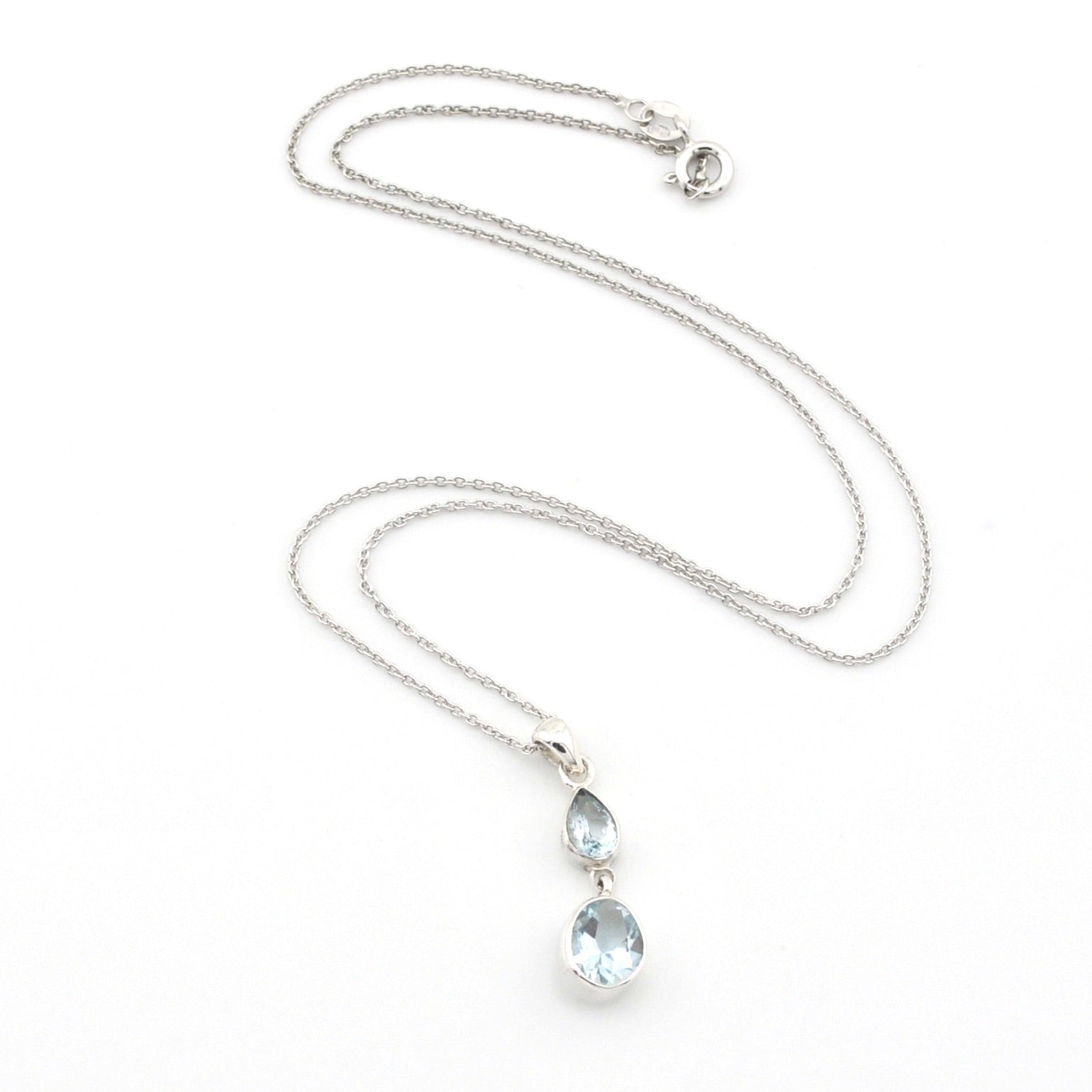 Silver Aquamarine Tear Oval Necklace on white background