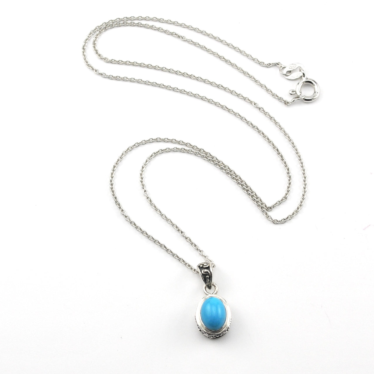 Silver Arizona Turquoise 6x8mm Oval Bali Necklace