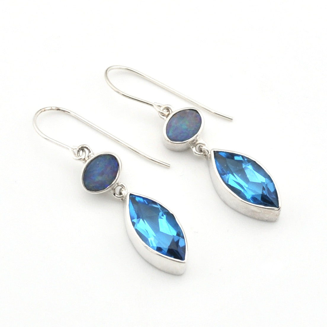 Silver Australian Opal Topaz Marquise Dangle Earring on white background