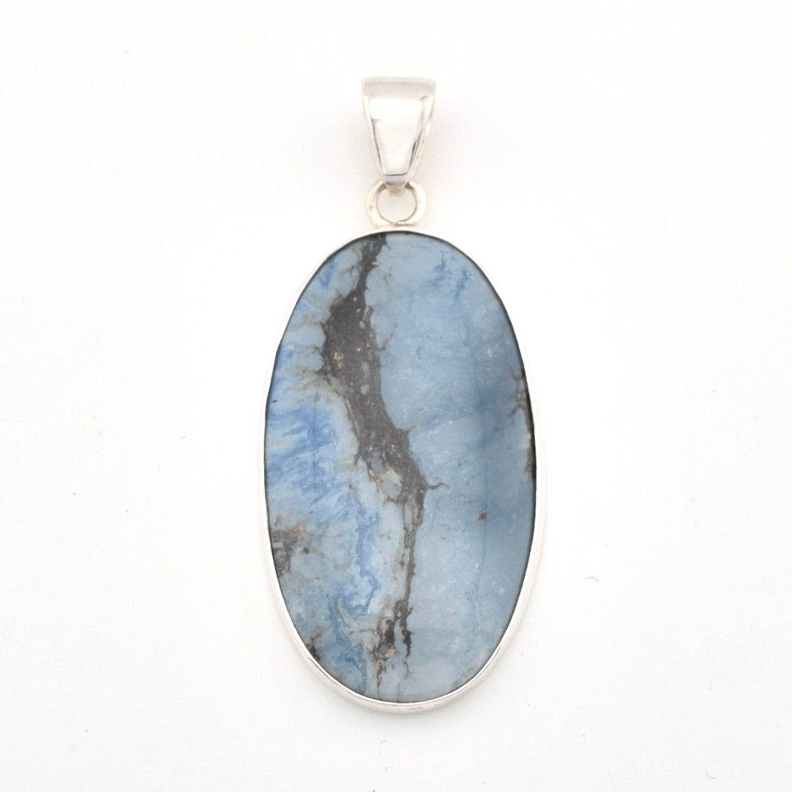 Blue stone pendant with silver frame on a white background