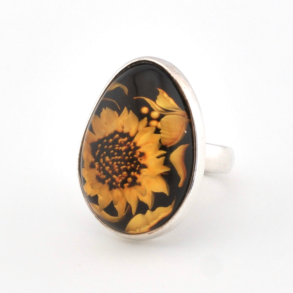Silver Baltic Amber Sunflower Adjustable Ring