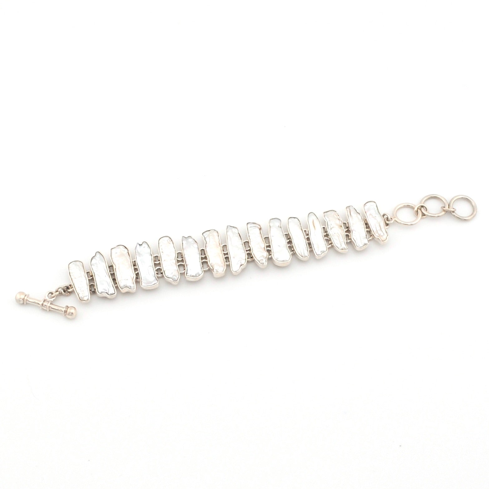 Silver Biwa Pearl Link Toggle Bracelet