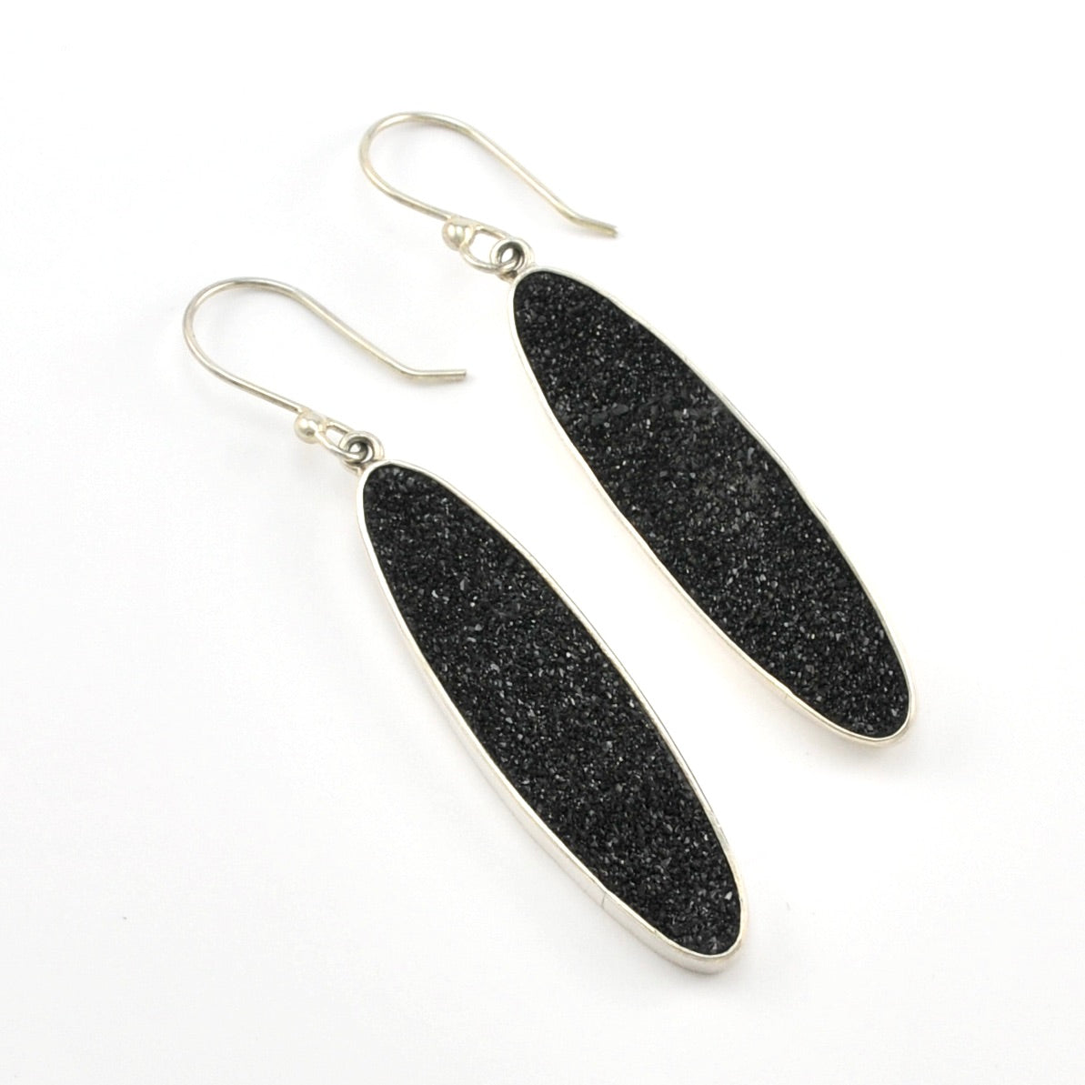 Silver Black Druzy Agate Long Oval Earrings