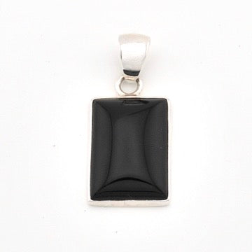 Black rectangular pendant on a silver chain against a white background