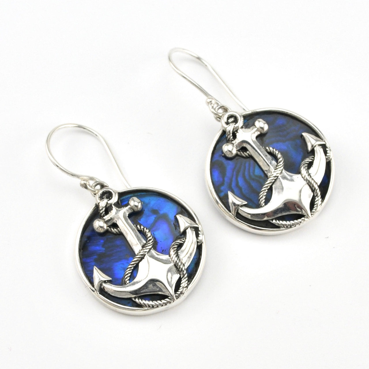 Silver Blue Abalone Anchor Dangle Earrings