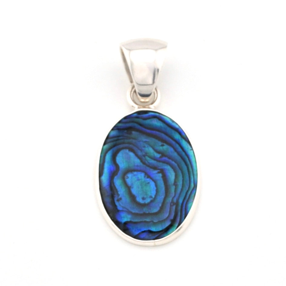 Pendant with blue and green patterned stone on a white background