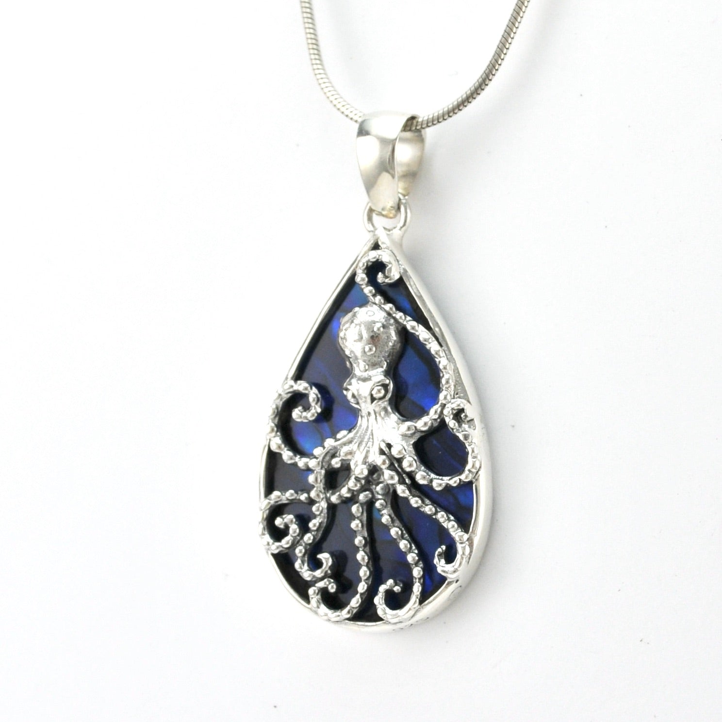 Silver Blue Abalone Tear Octopus Pendant