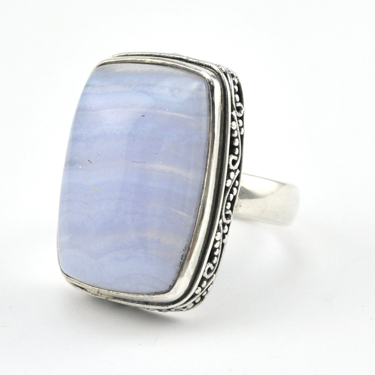 Silver Blue Lace Agate 11x22mm Rectangle Bali Ring