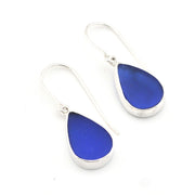 Silver Blue Sea Glass Tear Earrings on white background