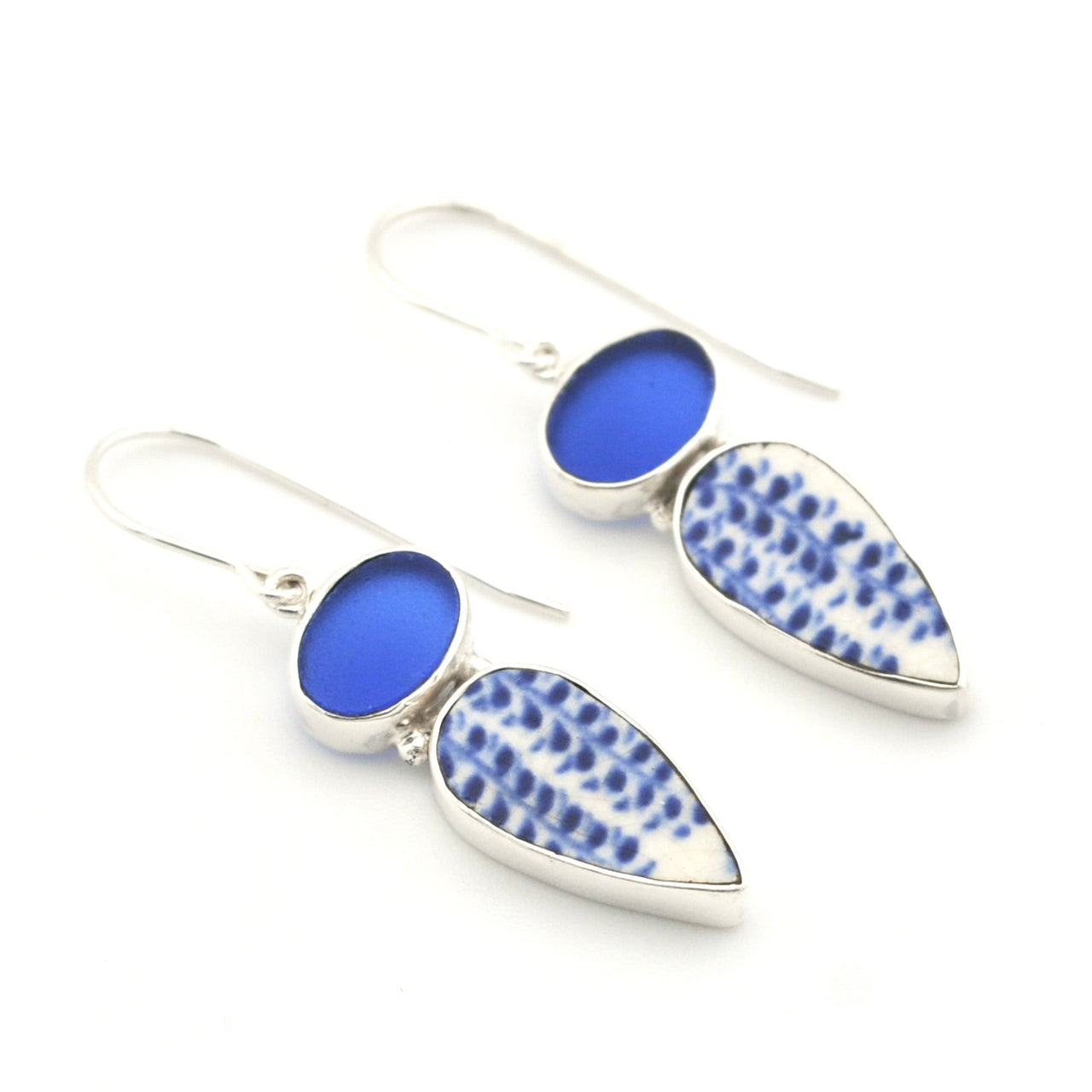 Silver Blue Sea Glass and Vintage Porcelain Earrings on white background