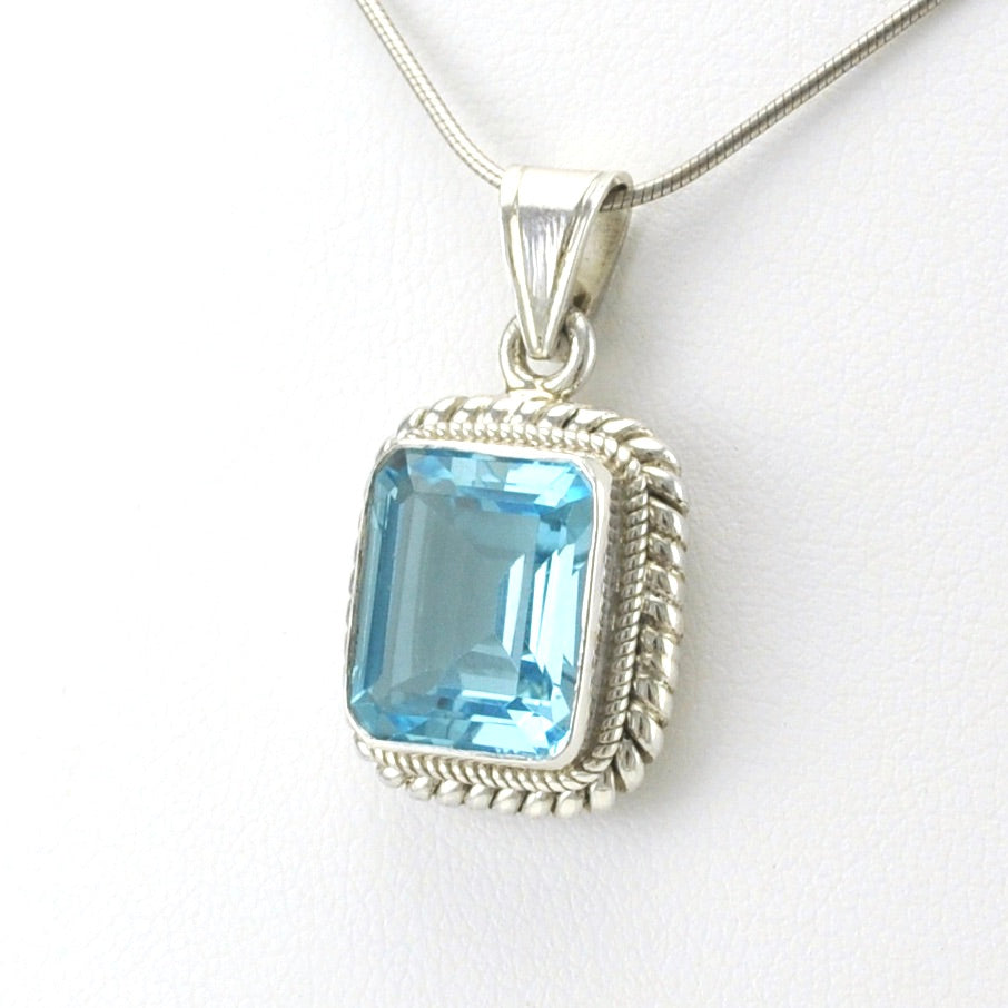 Silver Blue Topaz 10x12mm Rectangle Pendant