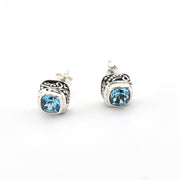 Pair of silver stud earrings with blue gemstones on a white background