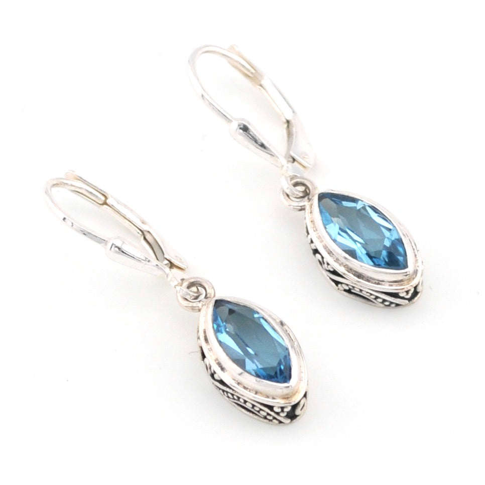 Silver Blue Topaz 5x10mm Marquise Bali Earrings