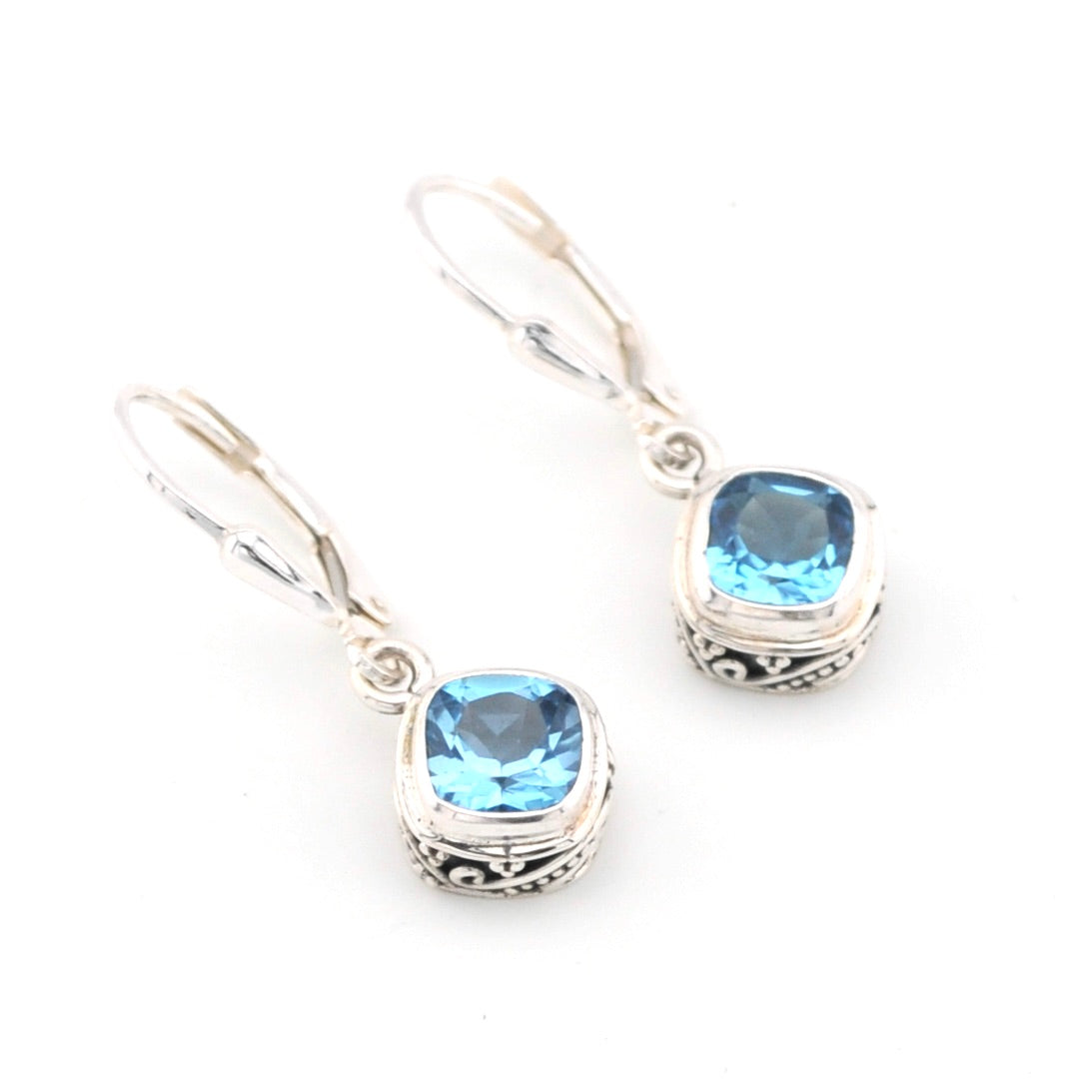 Silver Blue Topaz 6mm Offset Square Bali Dangle Earrings
