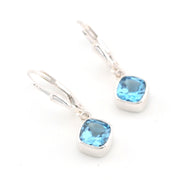 Silver Blue Topaz 6mm Offset Square Dangle Earrings