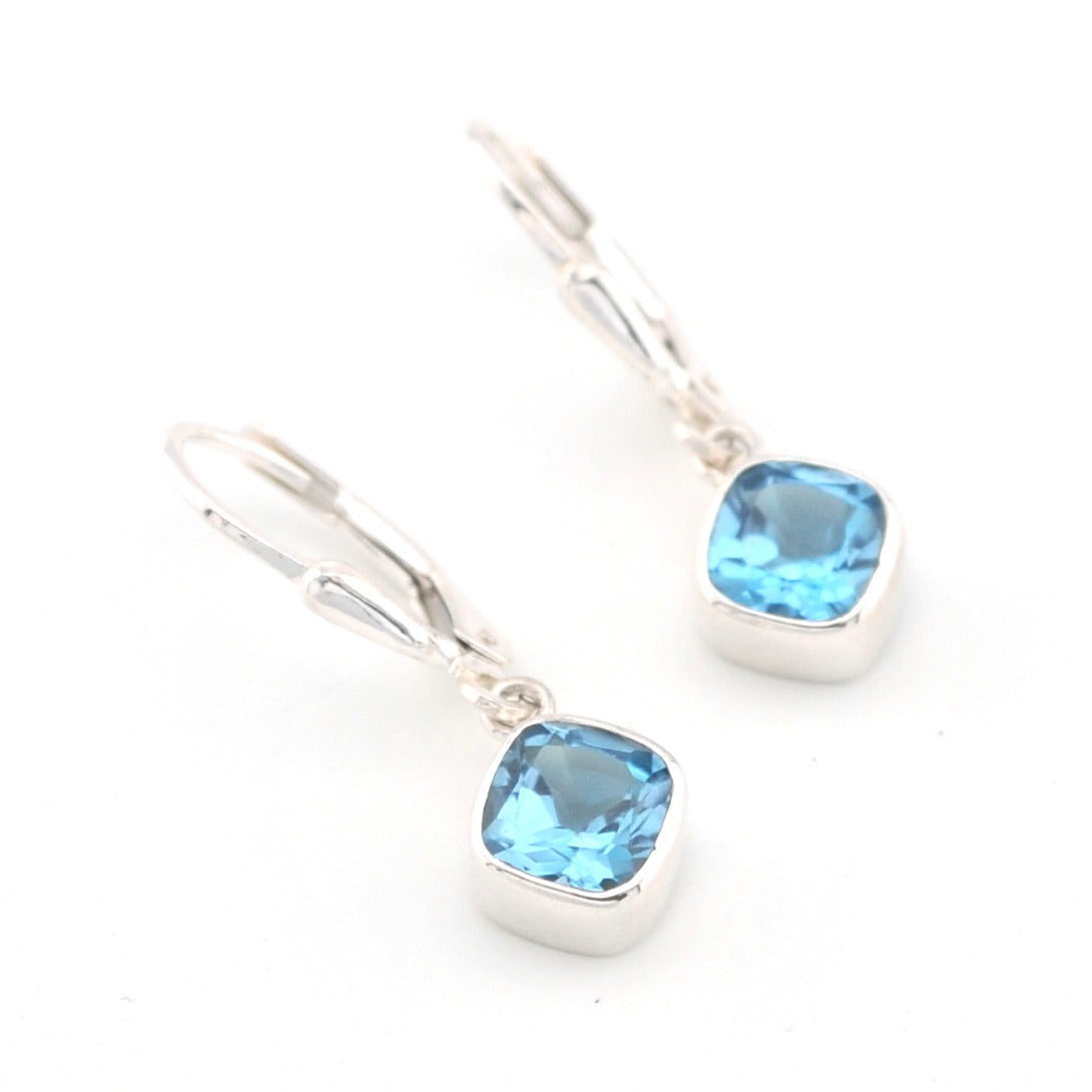 Silver Blue Topaz 6mm Offset Square Dangle Earrings