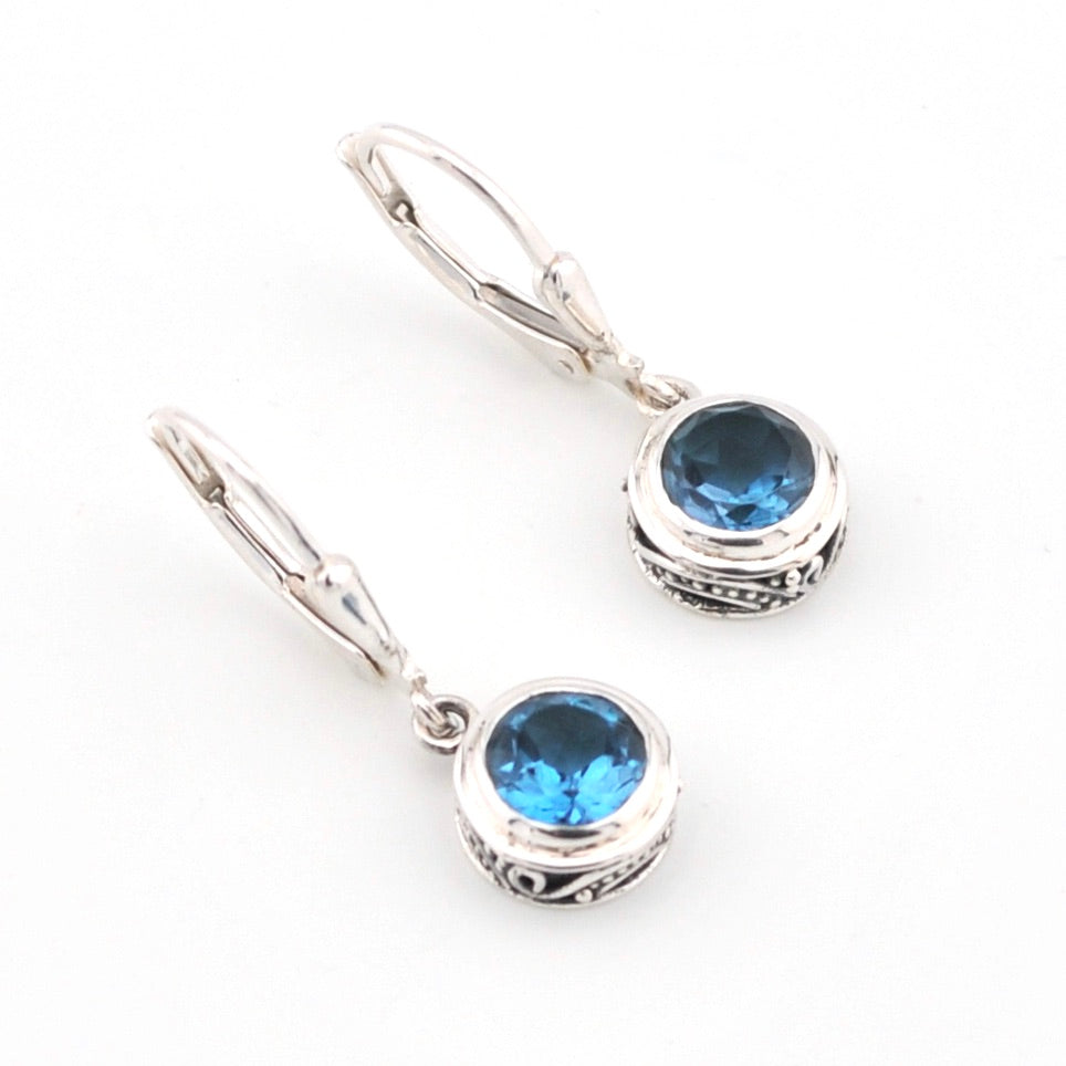 Silver Blue Topaz 6mm Round Bali Dangle Earrings