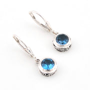 Silver Blue Topaz 6mm Round Bali Dangle Earrings