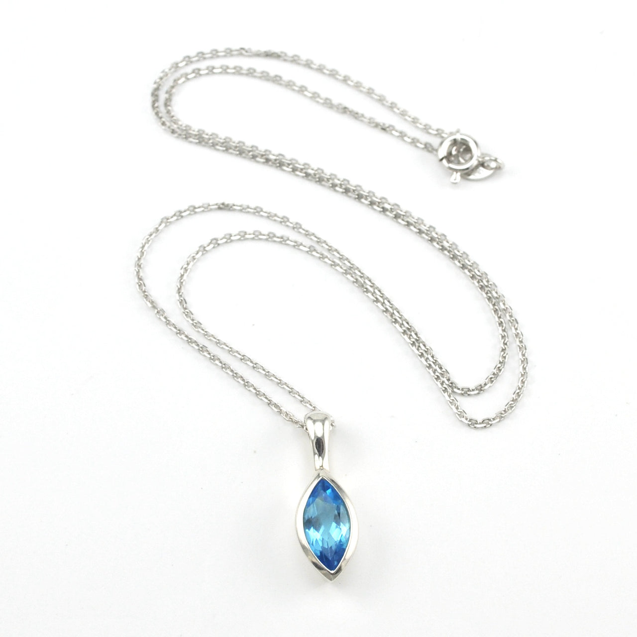 Silver Blue Topaz 6x12mm Marquise Necklace