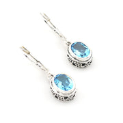 Pair of silver earrings with blue gemstones on a white background