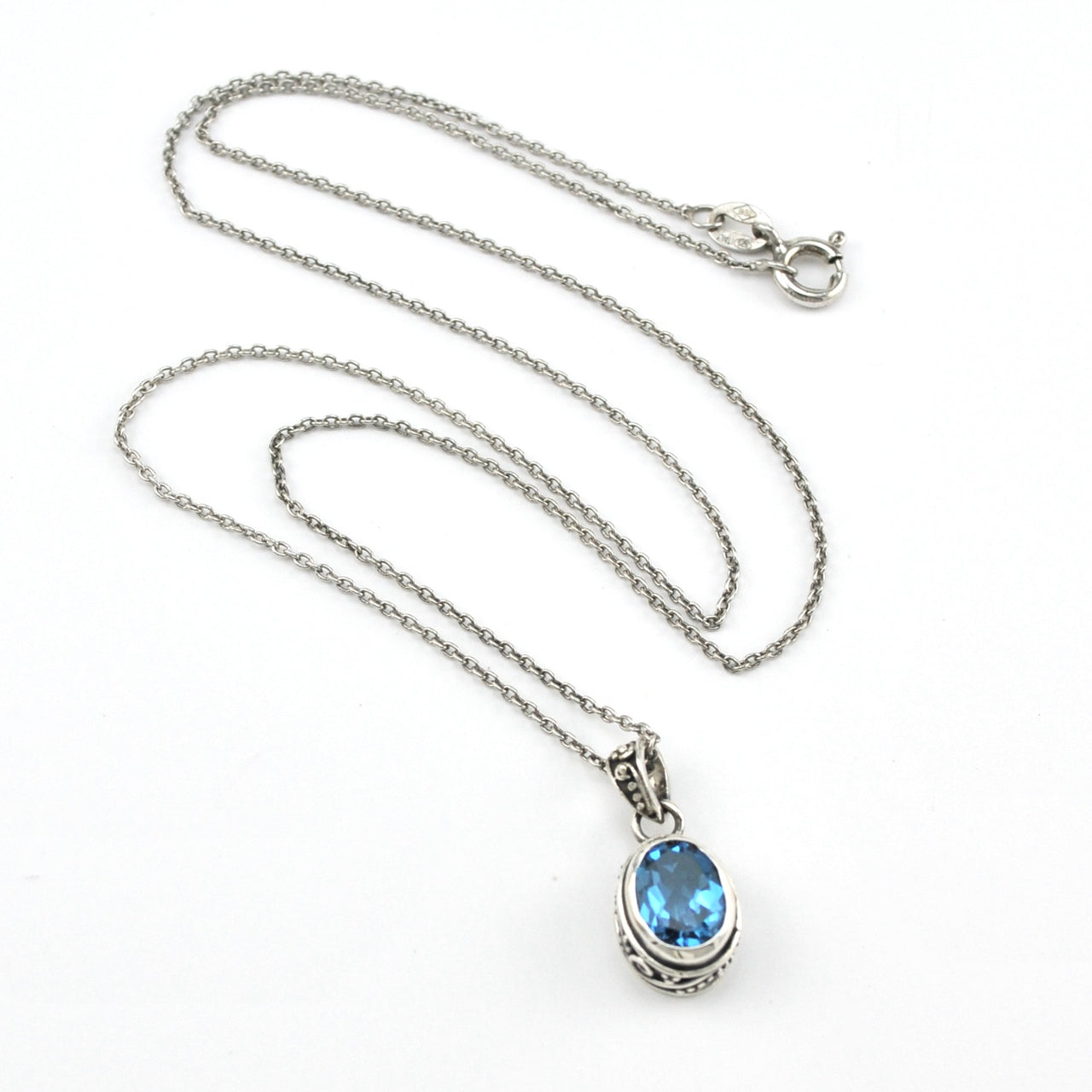 Silver Blue Topaz 6x8mm Oval Bali Necklace