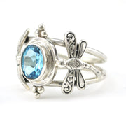 Silver Blue Topaz 6x8mm Oval Dragonfly Ring