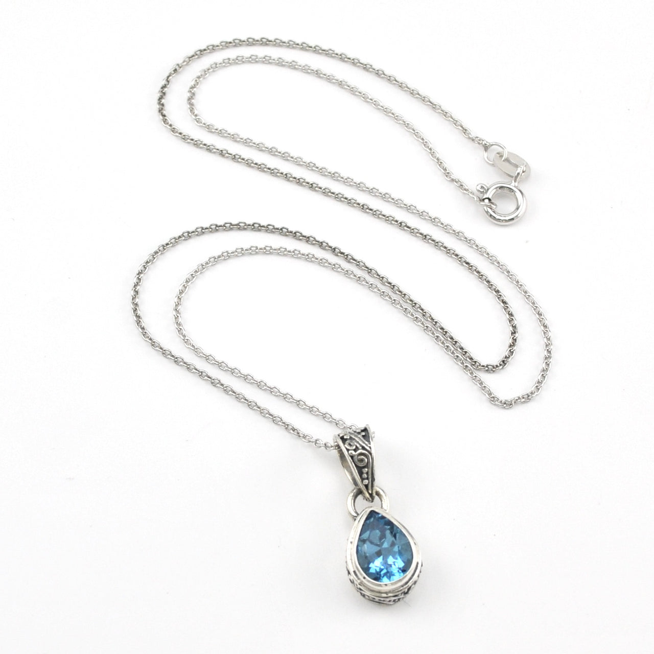 Silver Blue Topaz 6x9mm Teardrop Bali Necklace