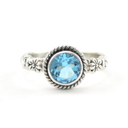 Silver Blue Topaz 7mm Round Bali Scroll Ring