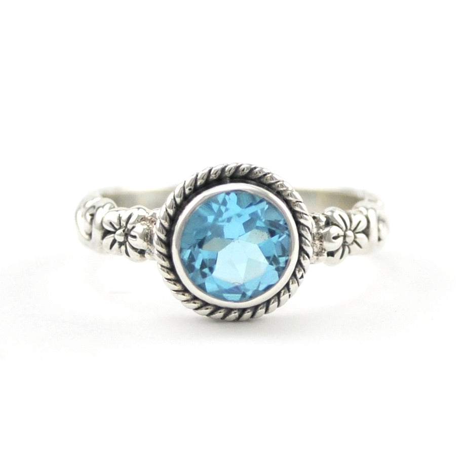 Silver Blue Topaz 7mm Round Bali Scroll Ring