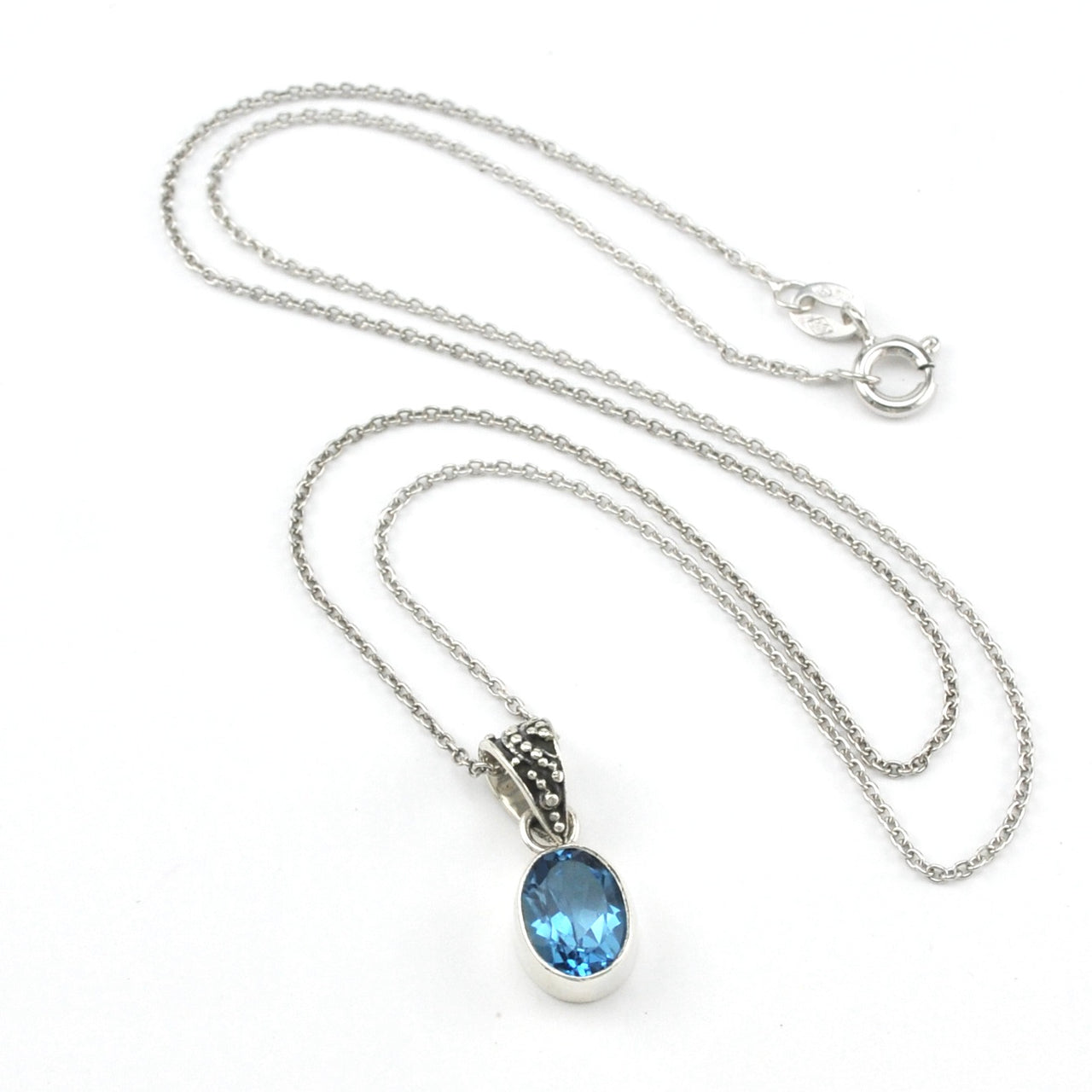 Silver Blue Topaz 7x9mm Oval Bali Bail Necklace