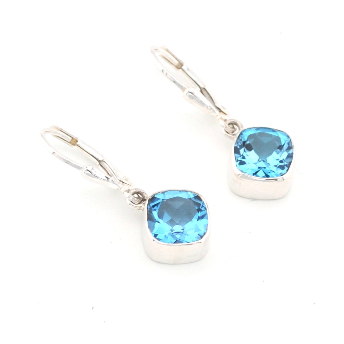 Silver Blue Topaz 8mm Offset Square Earrings
