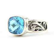 Silver Blue Topaz 9mm Square Scroll Ring