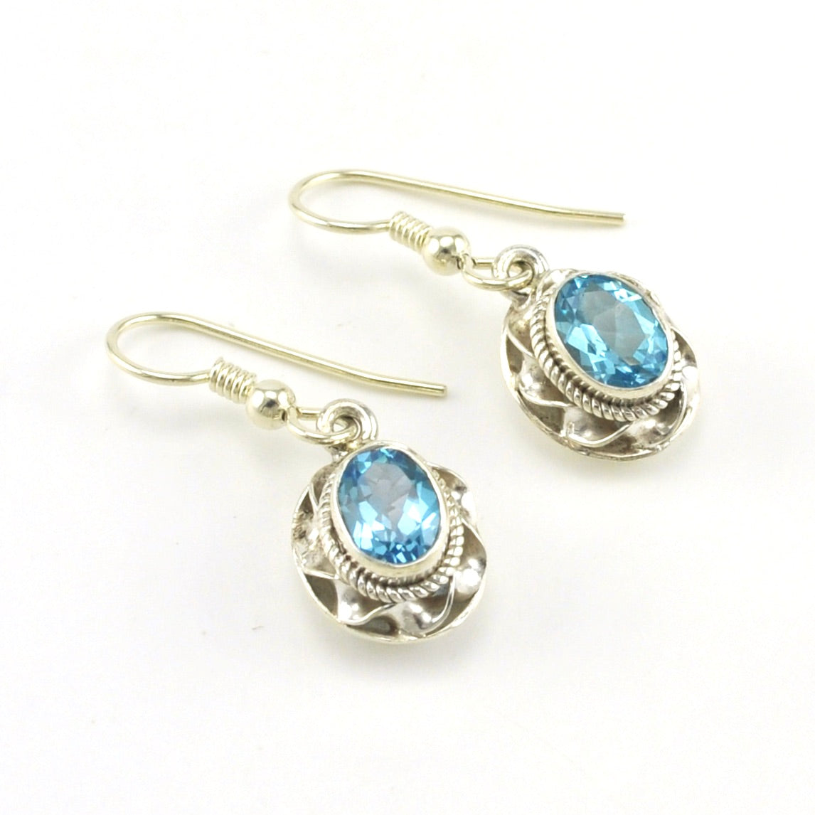 Silver Blue Topaz Oval Ribbon Twist Earrings