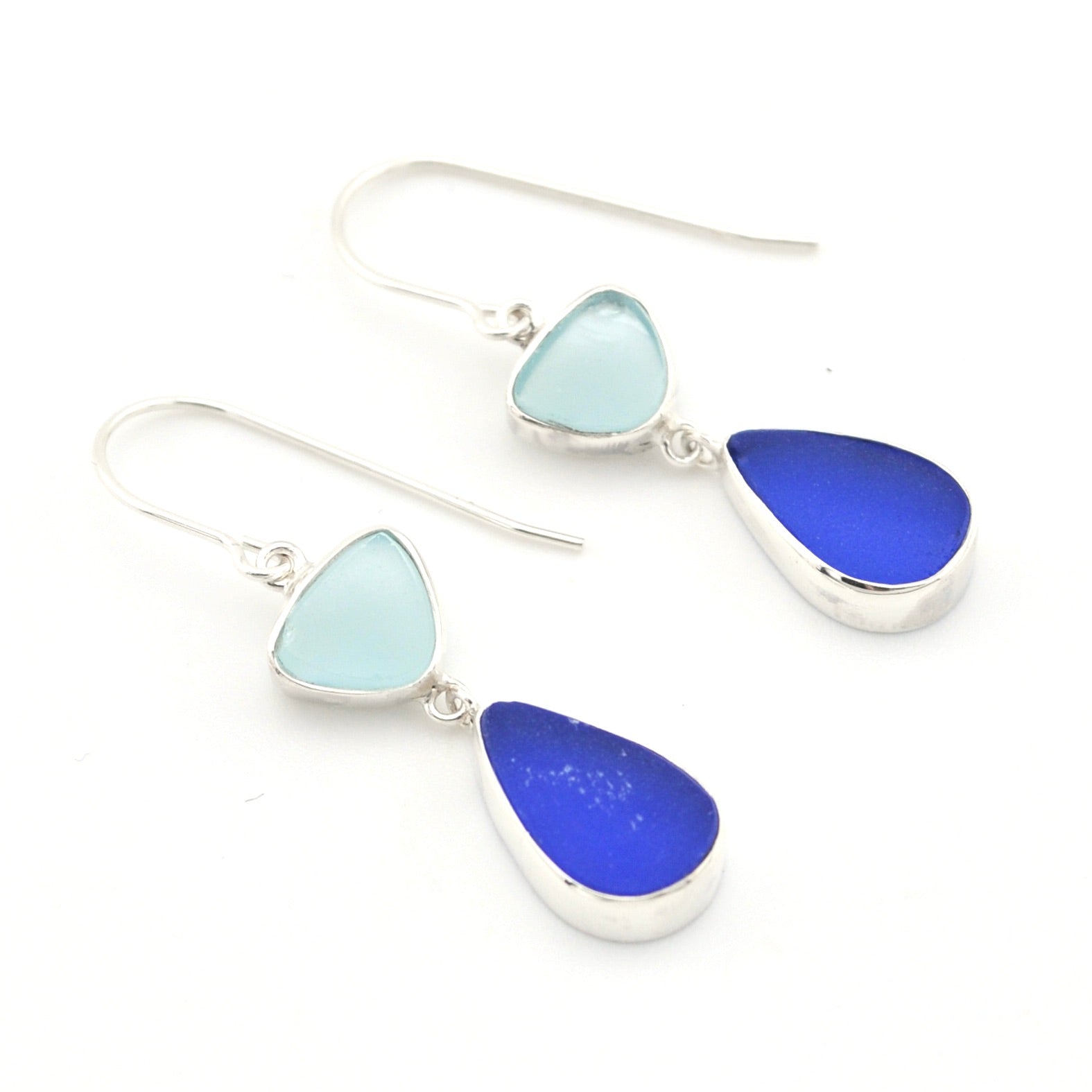 Silver Blue and Aqua Sea Glass Dangle Earrings on white background