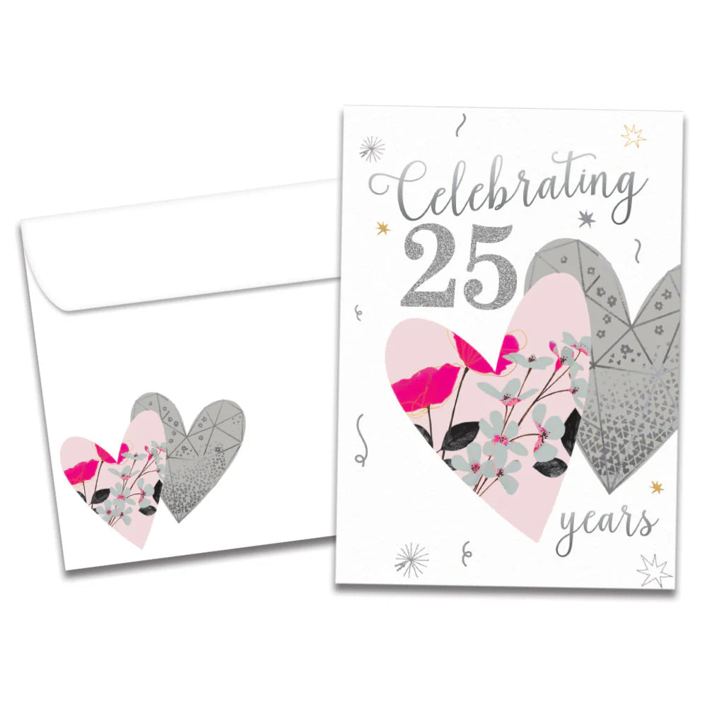 Greeting card with floral hearts and 'Celebrating 25 years' text, accompanied by a matching envelope.