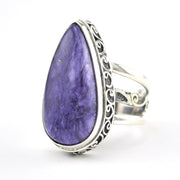 Silver Charoite 13x26mm Tear Bali Ring