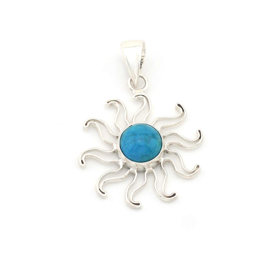 Silver sun-shaped pendant with a blue center on a white background