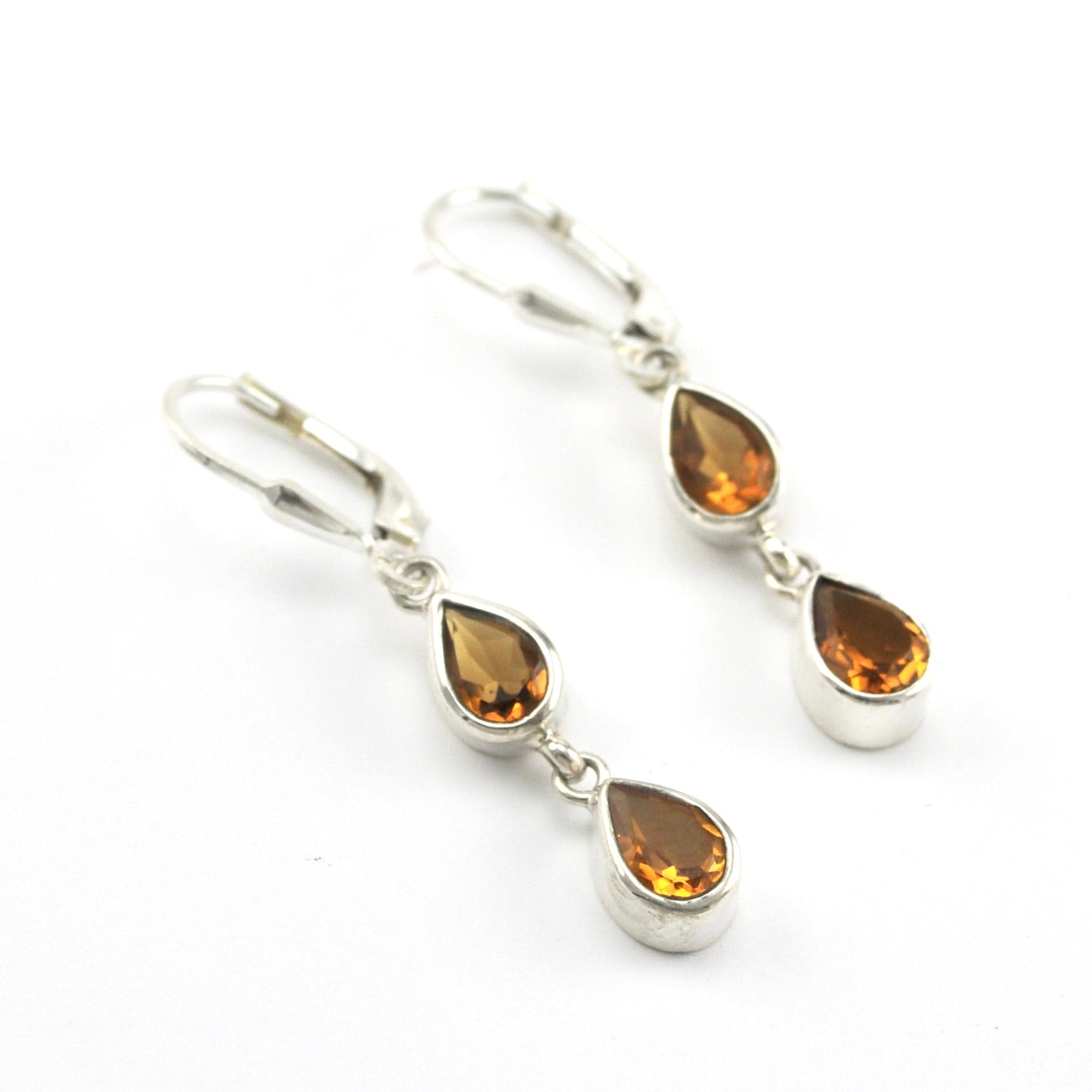 Silver Citrine 2 Tear Dangle Earrings