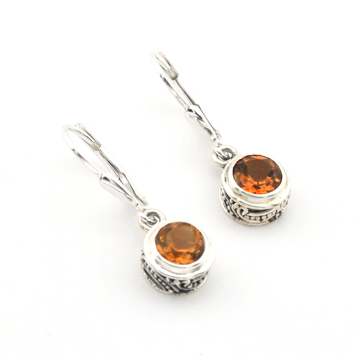 Silver Citrine 6mm Round Bali Dangle Earrings on white background