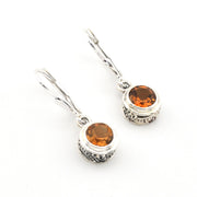 Silver Citrine 6mm Round Bali Dangle Earrings on white background