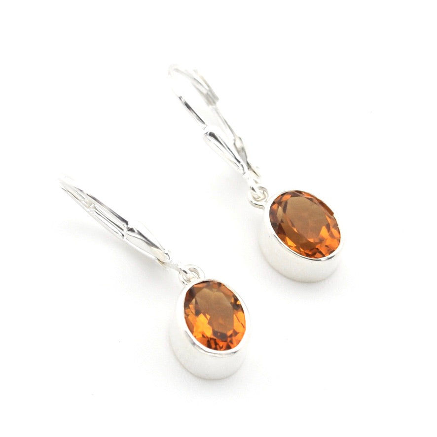 Silver Citrine 6x8mm Oval Dangle Earrings on white background