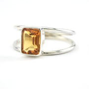 Silver Citrine 6x8mm Rectangle 2 Band Ring