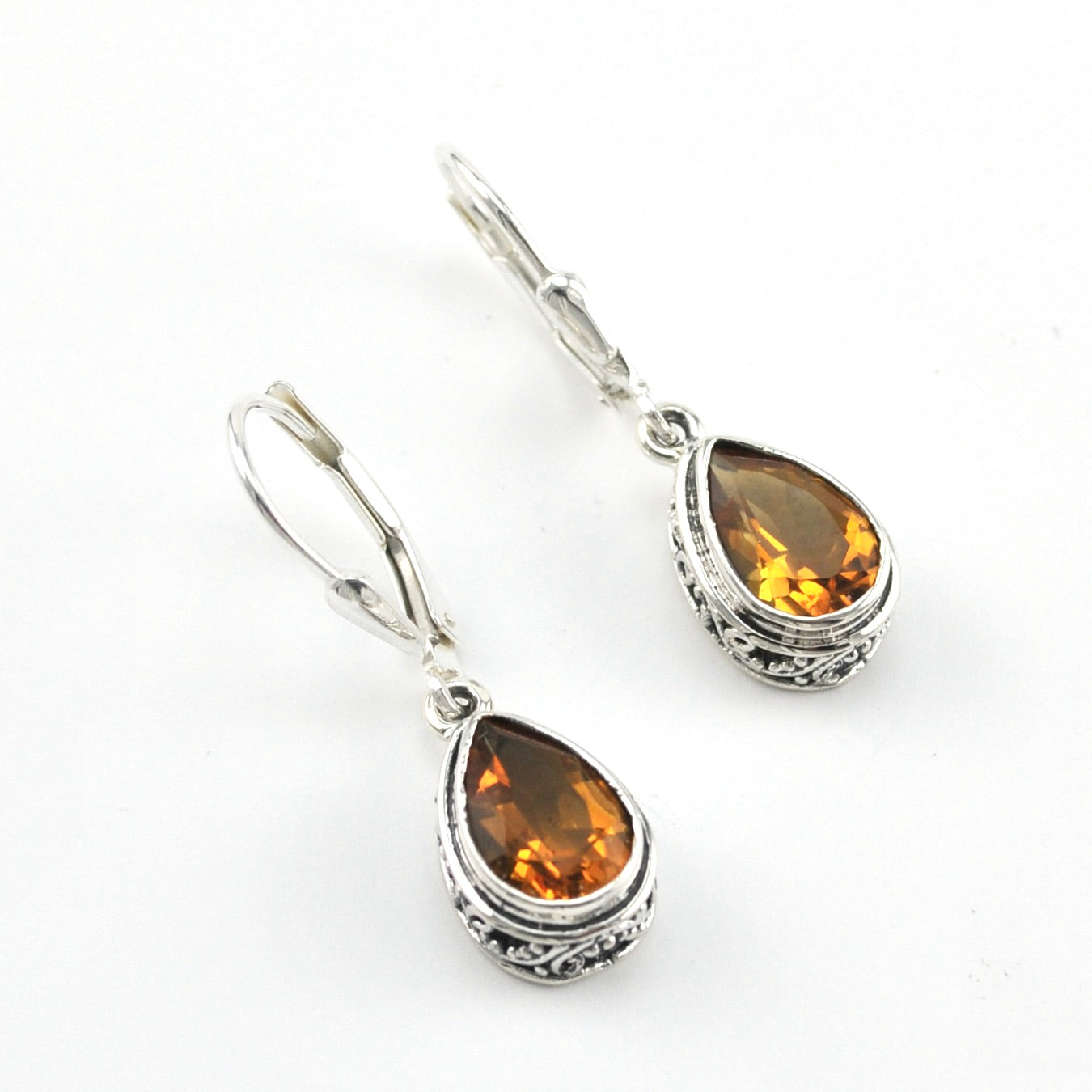 Silver Citrine 6x9mm Tear Bali Dangle Earrings