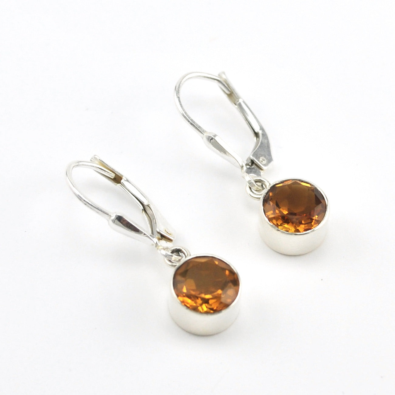 Silver Citrine 7mm Round Dangle Earrings