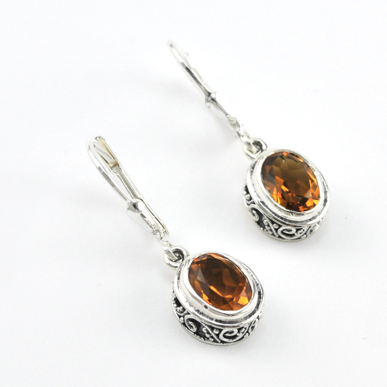 Silver Citrine 7x9mm Oval Bali Dangle Earrings