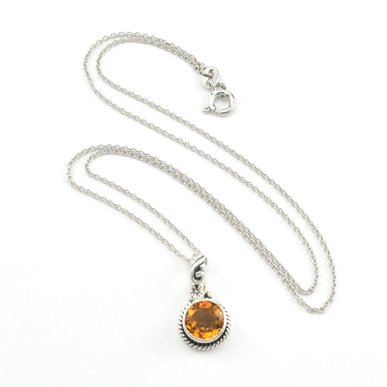 Silver Citrine 8mm Round Bali Necklace