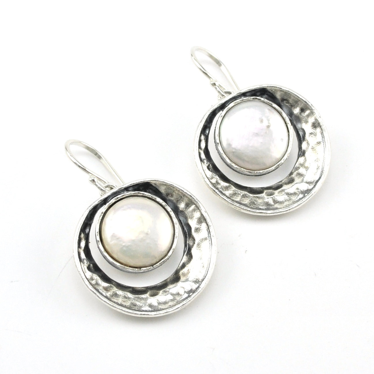 Silver Coin Pearl Circle Hammered Earrings