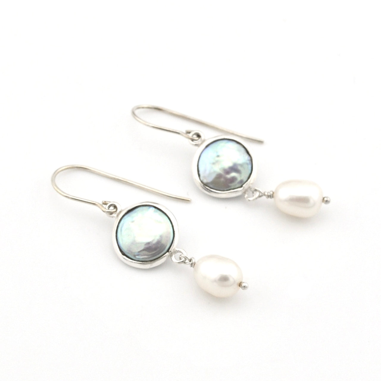 Silver Coin Pearl with Pearl Drop Earrings on white background