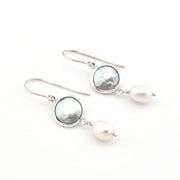 Silver Coin Pearl with Pearl Drop Earrings on white background