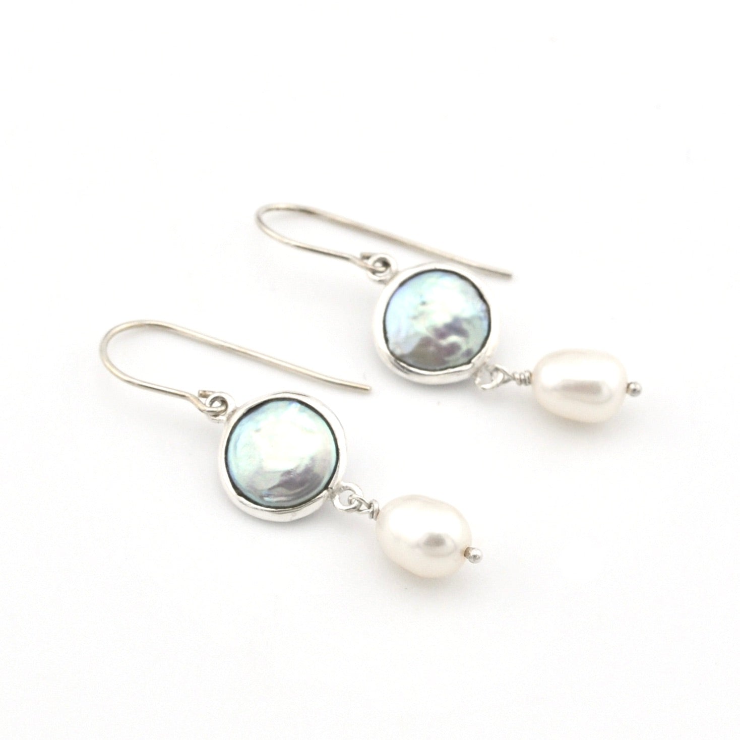 Silver Coin Pearl with Pearl Drop Earrings on white background